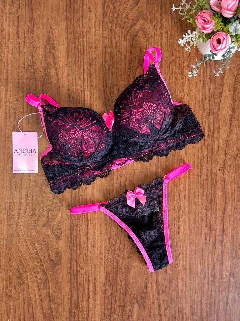 Conjunto Dubai Preto Rosa Neon Aninha Intimates Lingerie