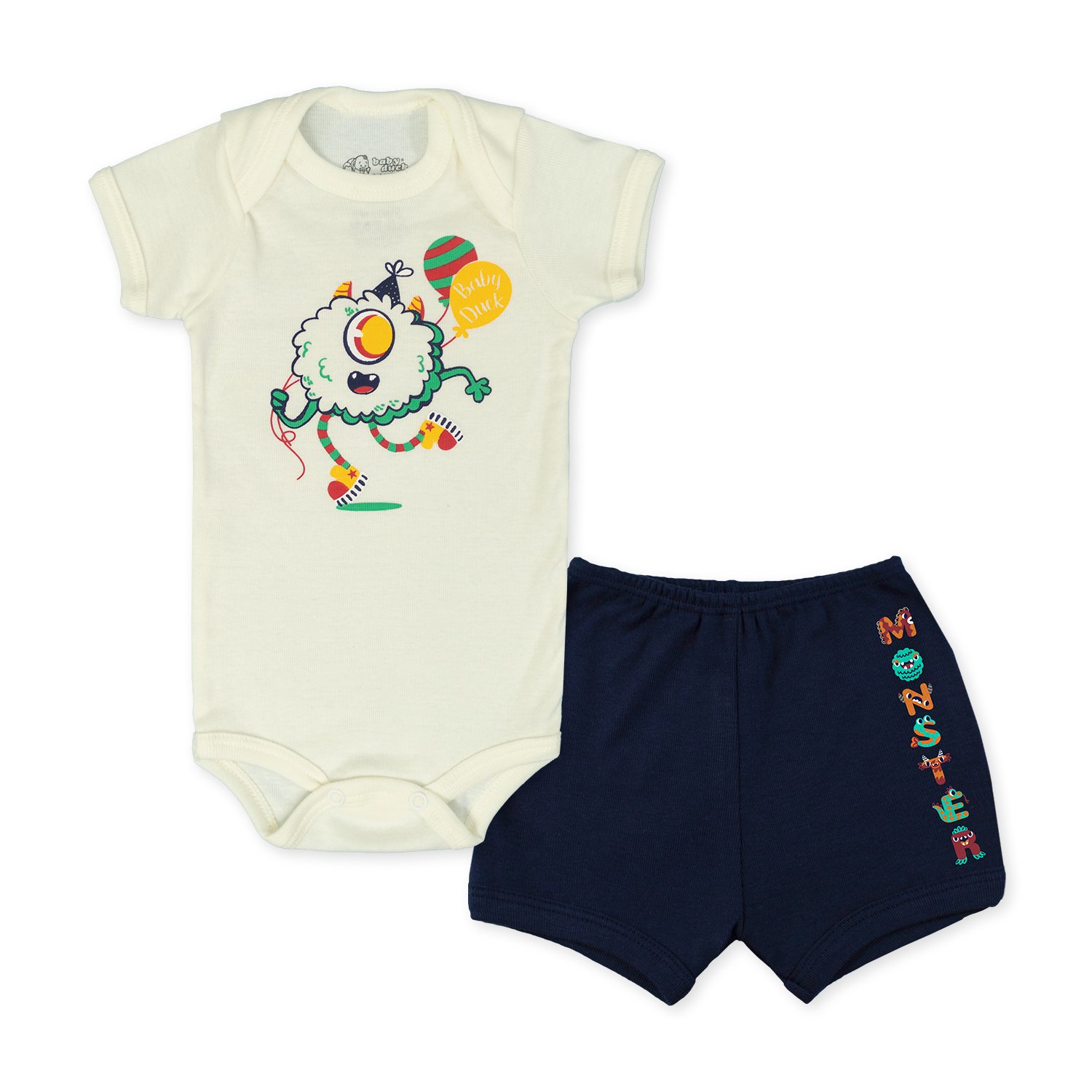 Conjunto Body Beb Manga Curta Monstro Marfim