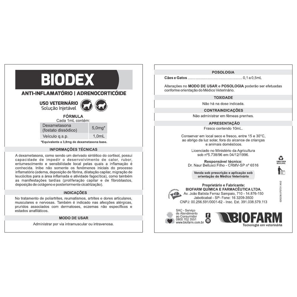 Biodex Antialérgico e Anti inflamatório Injetável Biofarm 10 ml