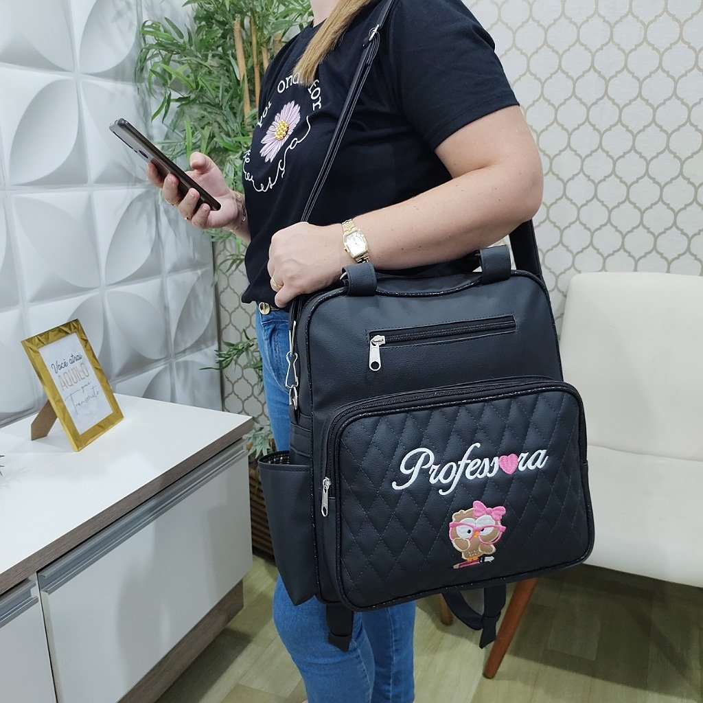 Bolsa Mochila Personalizada Para Professora Preto Brilho Preto Coutre