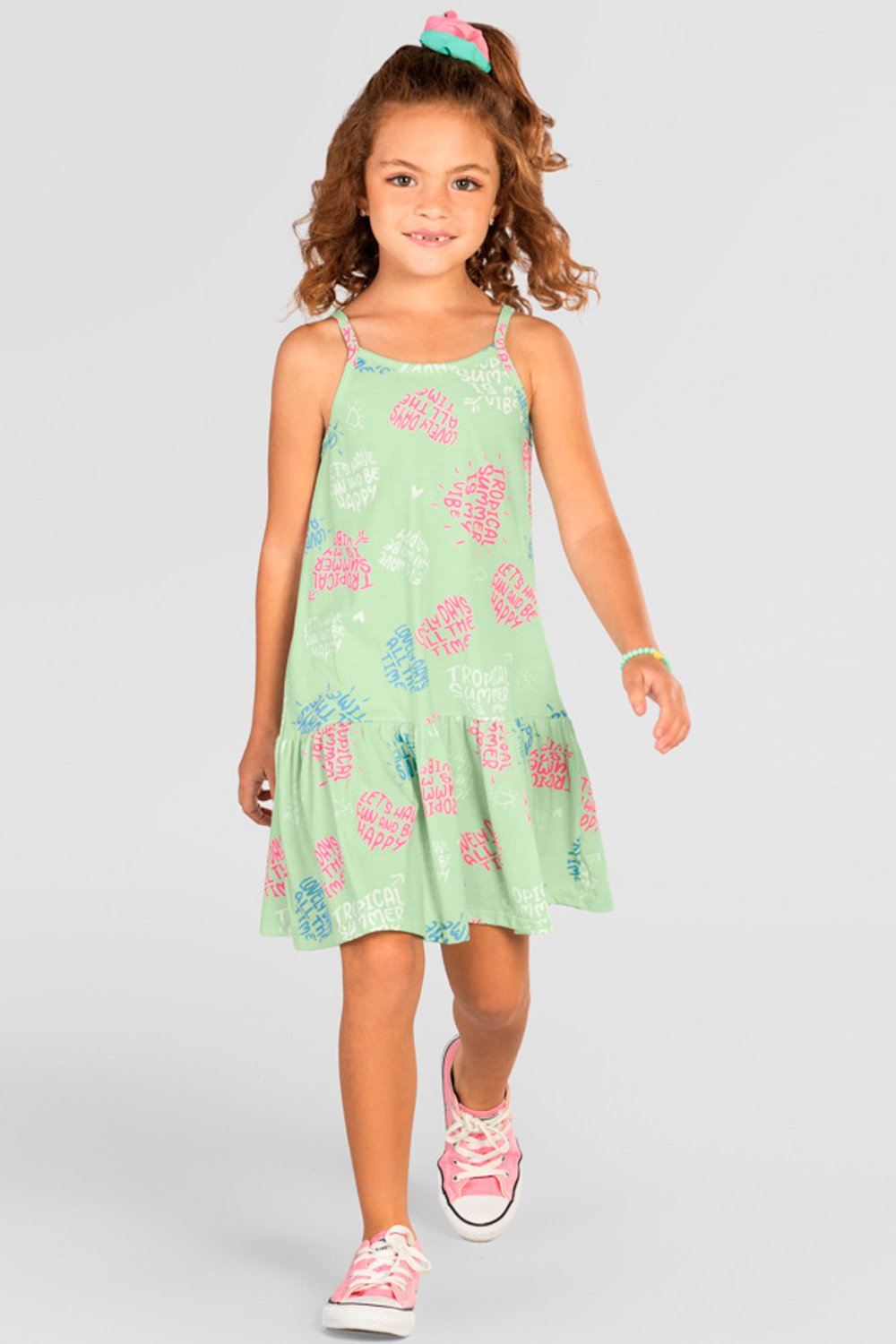 Vestido Meia Malha Infantil Menina Tropical Verde Brandili