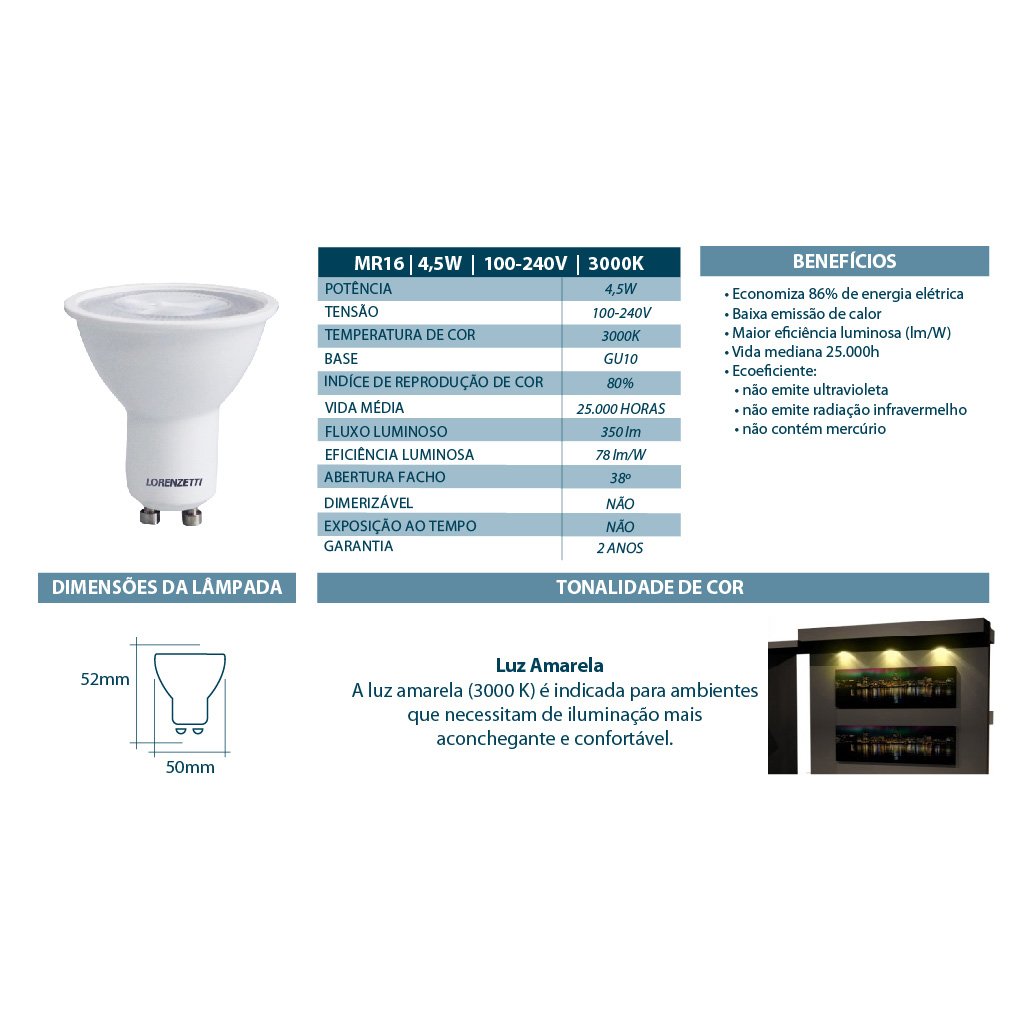 Kit 10 Lâmpadas MR16 LED Lorenzetti 4 5W Bivolt GU10 Amarela 2700K