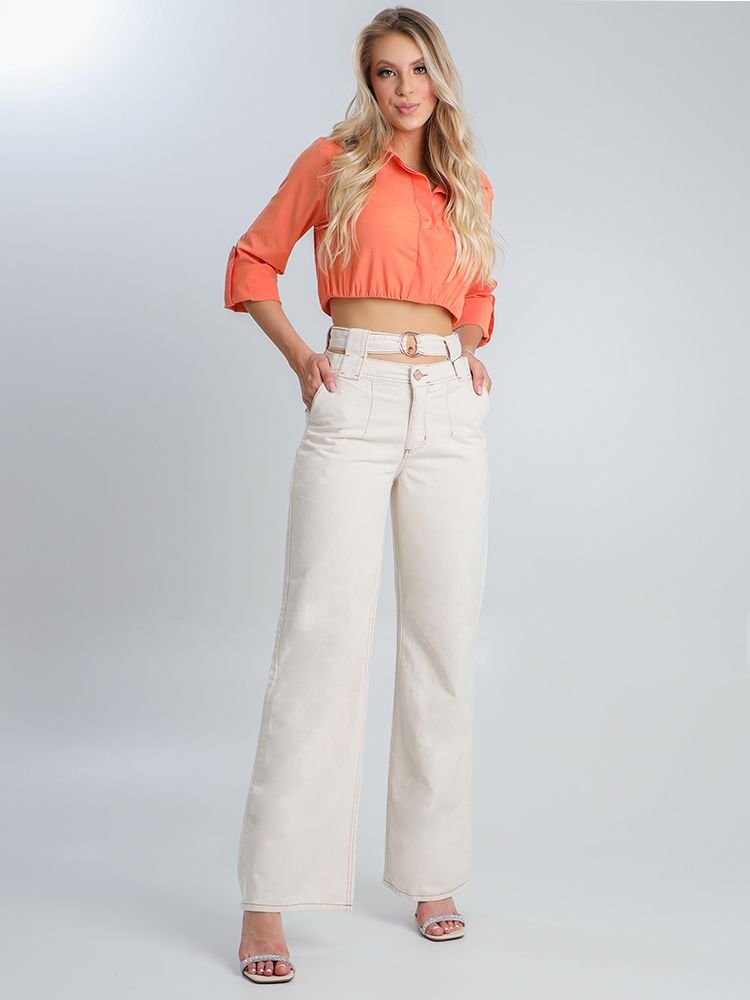 Cal A Feminina Jeans Wide Leg Safira C S Duplo Cinto Areia