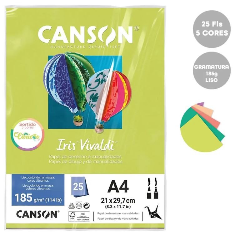 Papel Canson Iris Vivaldi A4 185g 25 Folhas CORES CÍTRICAS