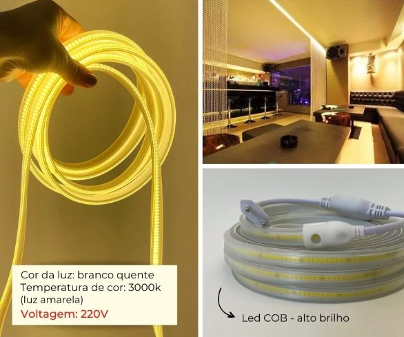 Fita Mangueira Led Cob M Branco Quente Luminosa Ip V