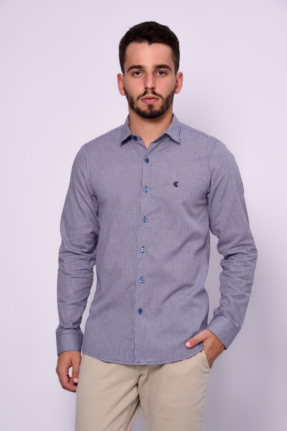 Camisa Slim Manga Longa Azul Marinho E Branco