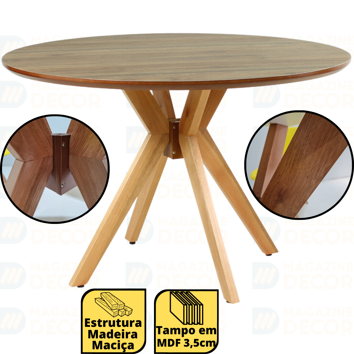 Mesa de Jantar Redonda 120cm Marci Premium em Madeira Maciça e MDF Natural