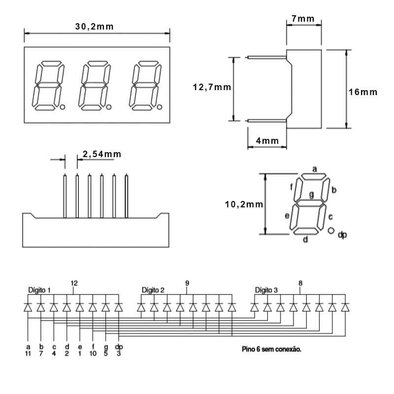 Display 7 Segmentos Triplo Vermelho Catodo Comum D3042KSR Tamanho