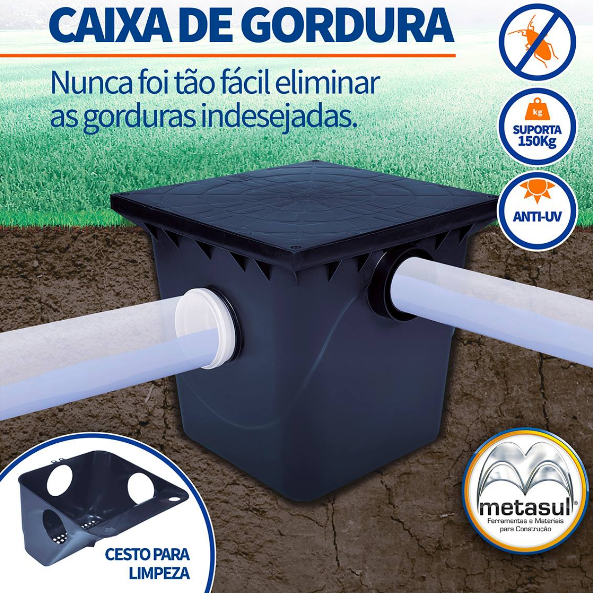 Caixa Gordura Metasul Pvc Quadrada C Cesto