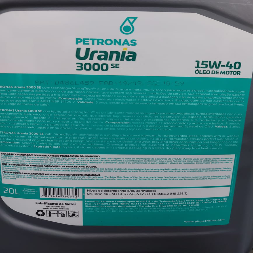 Òleo de Motor Diesel 15w40 Mineral Modelo Urania 3000 Ci 4 Galão de 20