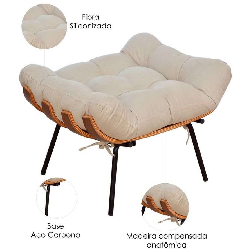 Poltrona com Puff Costela para Sala e Quarto Suede Bege - WeD