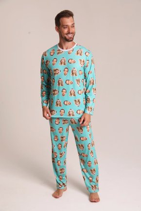 03 pijama casal personalizado com foto longo turquesa