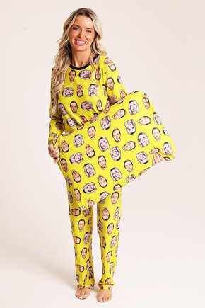 07 pijama personalizado feminino longo fronha tapa olho meia amarelo
