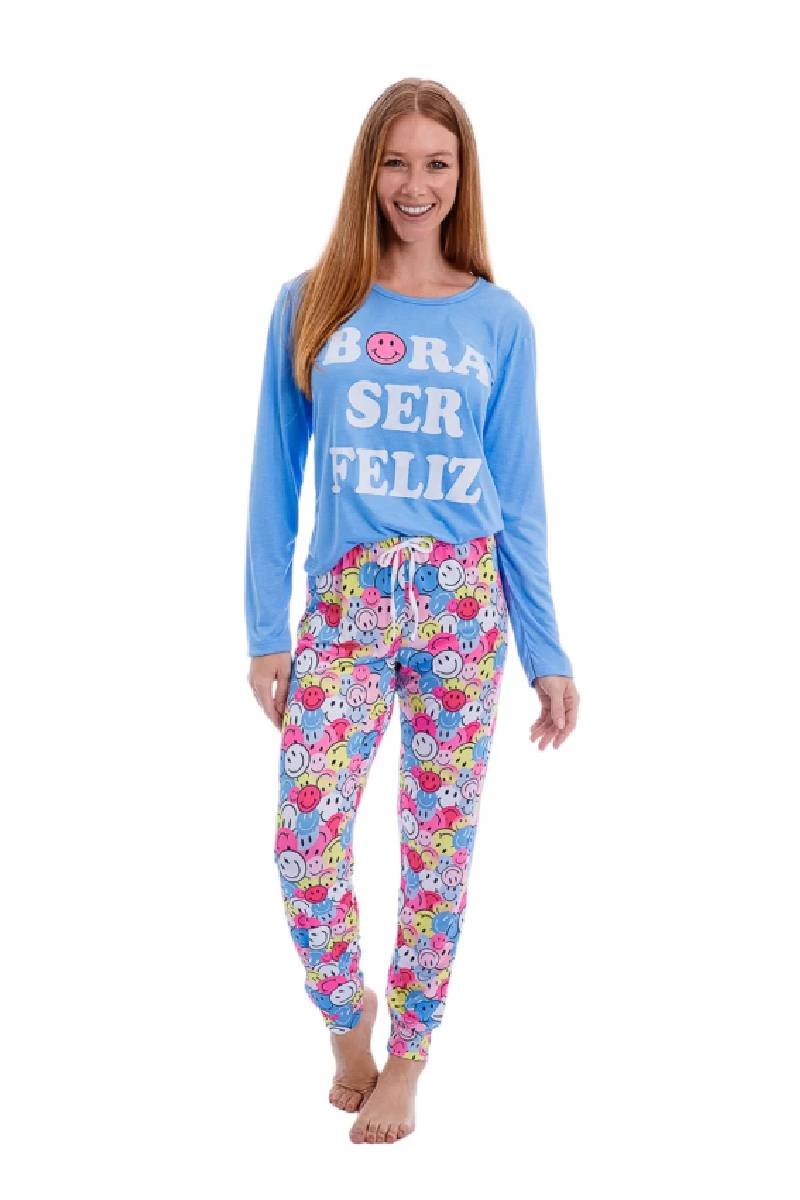 Pijama Feminino Manga Longa Inverno Rosa Dia de Preguiça