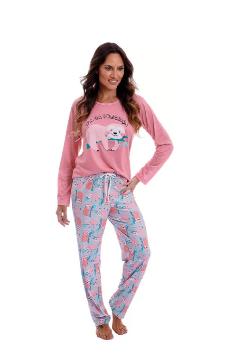 Pijama Feminino Manga Longa Inverno Rosa Dia de Preguiça