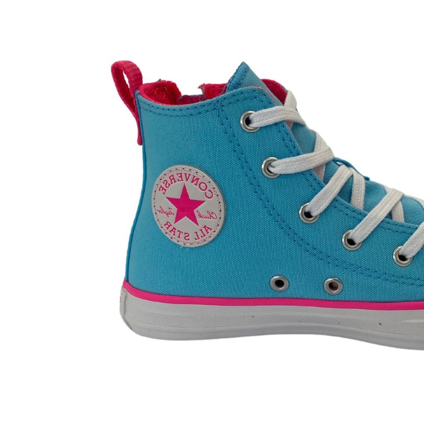 Tênis Infantil Feminino All Star Converse Chuck Taylor com Zíper - Azul  claro/rosa chique/branco - CK09090002