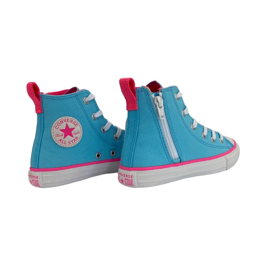 Tênis Infantil Feminino All Star Converse Chuck Taylor com Zíper - Azul  claro/rosa chique/branco - CK09090002