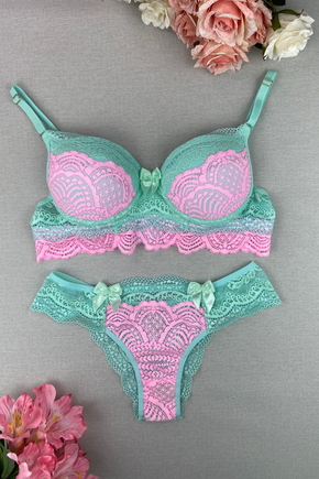 Conjunto de lingerie em renda sutiã com bojo e calcinha string dupla fio  dental rosa neon com rosa babaloo – Mia – Toda Feminina
