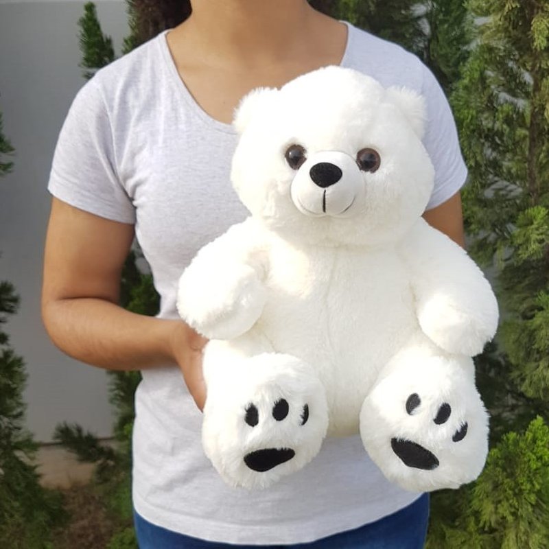 Urso Polar de Pelúcia 31 cm Sentado - Floquinho Pata Bordada Branco