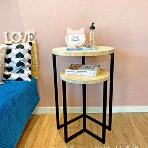 duo mesa de canto circular style industrial natural e preto 2