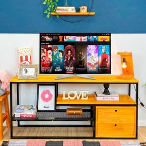 rack de tv style industrial 1 nicho dual com 2 gavetas carvalho e preto 3