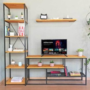 dual rack de tv style industrial com estante style slim 2