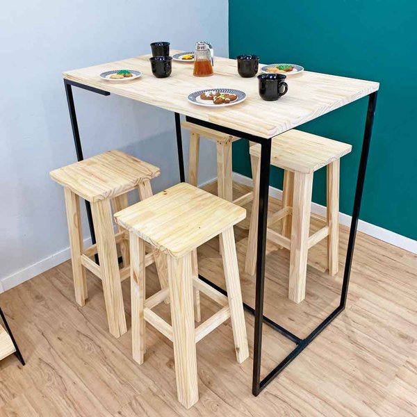 kit mesa bistro industrial style com 4 banquetas de madeira natural e preto 3