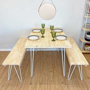 kit mesa de jantar 4 lugares com 2 bancos industriais hairpin natural e branco 1