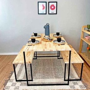 kit mesa de jantar 4 lugares com 2 bancos style industrial natural e preto 3