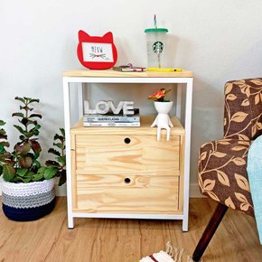mesa de cabeceira style com 2 gavetas industrial natural e branco 2