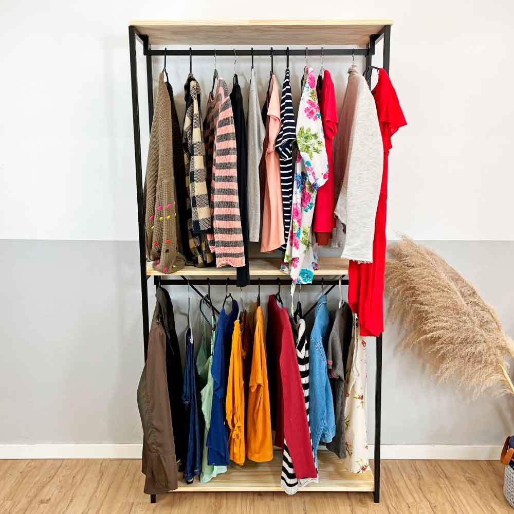 Arara de Roupas Twice Style Industrial Ample Natural e Preto