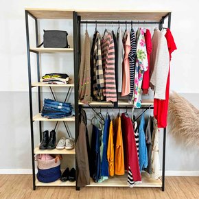 kit arara de roupas twice e estante style slim natural e preto 2 web