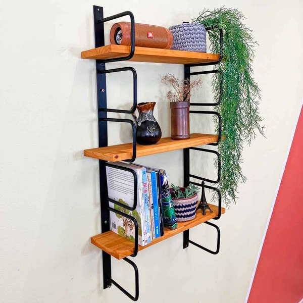 Prateleira de Parede Bracket 3 Prateleiras Industrial 50cm Carvalho e Preto