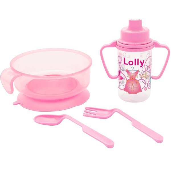 19961 kit alimentacao infantil 4 pecas prato com ventosa colher garfo e copo com alca rosa 1