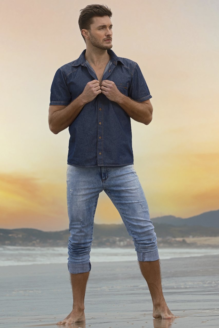 Camisa jeans best sale com bermuda branca