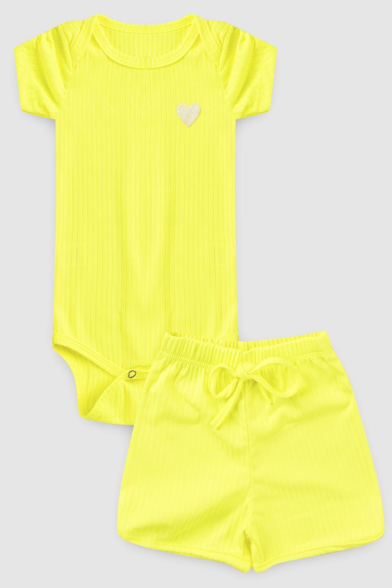 Conjunto Body Bebe Menina Canelado Shorts Coracao Brilho Verde Neon