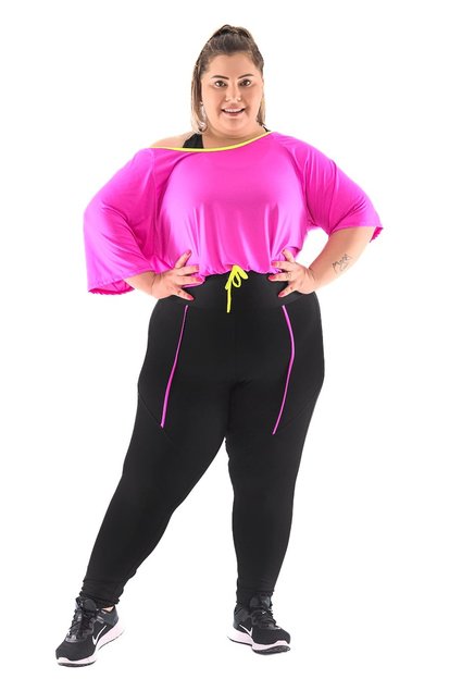 Calça Legging Plus Size Drapeada Marinho com Detalhe Pink BN FITNESS