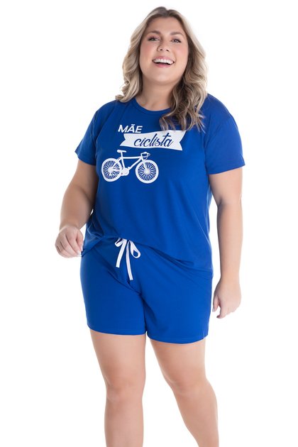 Pijama Feminino Plus Size Mãe Ciclista Em Viscolycra Azul