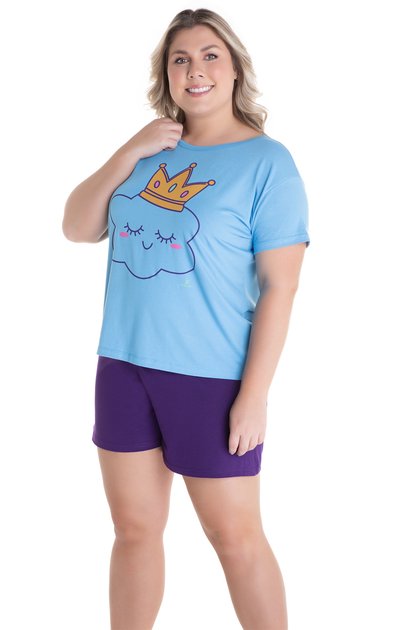 Pijama Feminino Plus Size Queen Cloud Em Viscolycra Azul