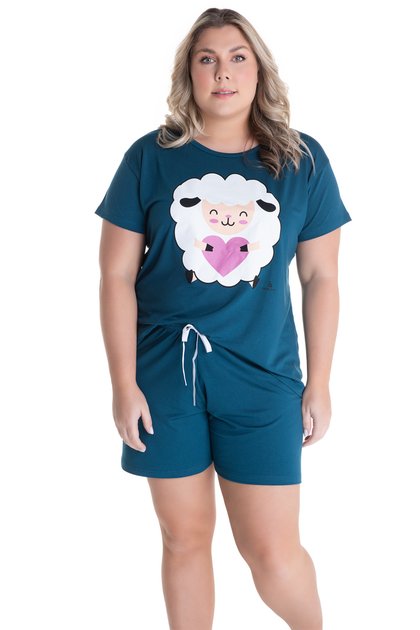 Pijama Verão Feminino Plus Size de Algodão Sheep Azul