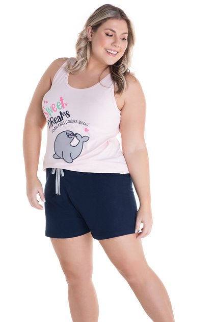 Pijama Feminino Plus Size Regata Sweet Dreams Rosa-Marinho