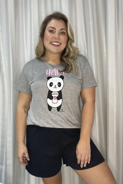 Pijama Verão Feminino Plus Size De Algodão Hello Panda