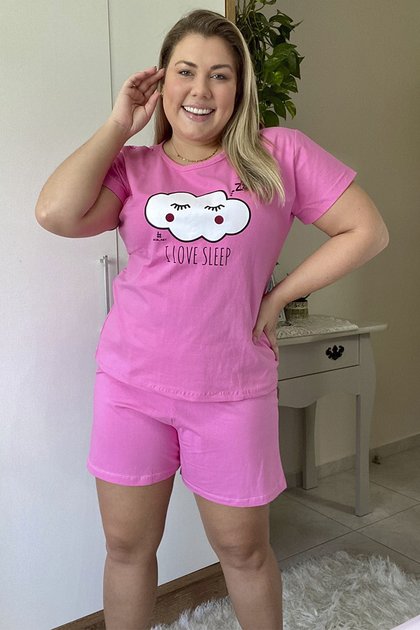 Pijama Verão Feminino Plus Size De Algodão I Love Sleep Rosê