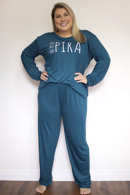 Pijama Inverno Feminino Plus Size De Algodão Inspira Azul