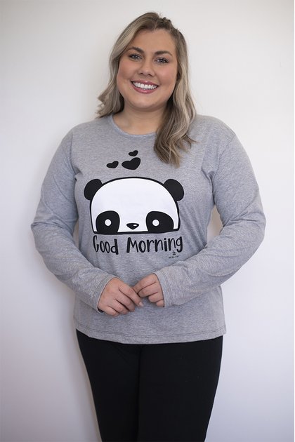 Pijama Inverno Feminino Plus Size De Algodão Panda Mescla/Preto