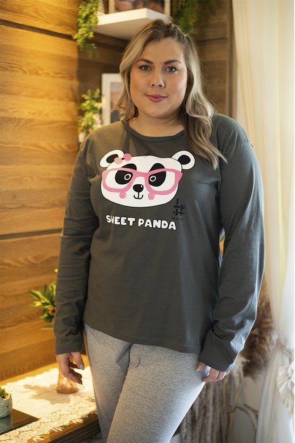 Pijama Inverno Feminino Plus Size De Algodão Sweet Panda Chumbo/Mescla