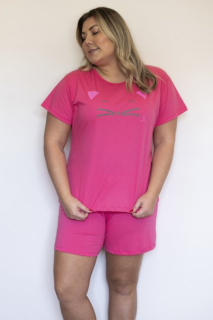 Pijama Verão Feminino Plus Size De Algodão Gatinho Rosê