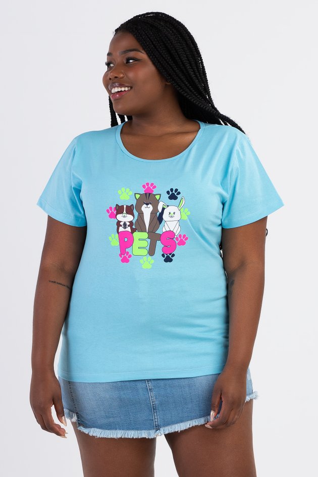 T Shirt Feminina Plus Size De Algodão Pets Azul