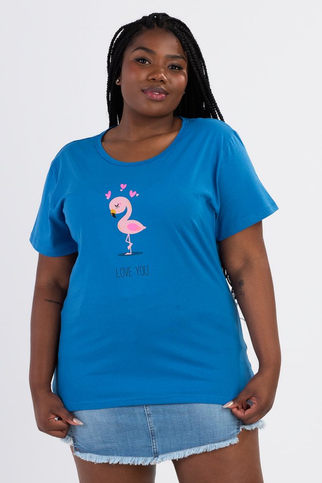 T Shirt Feminina Plus Size De Algodão Pets Azul