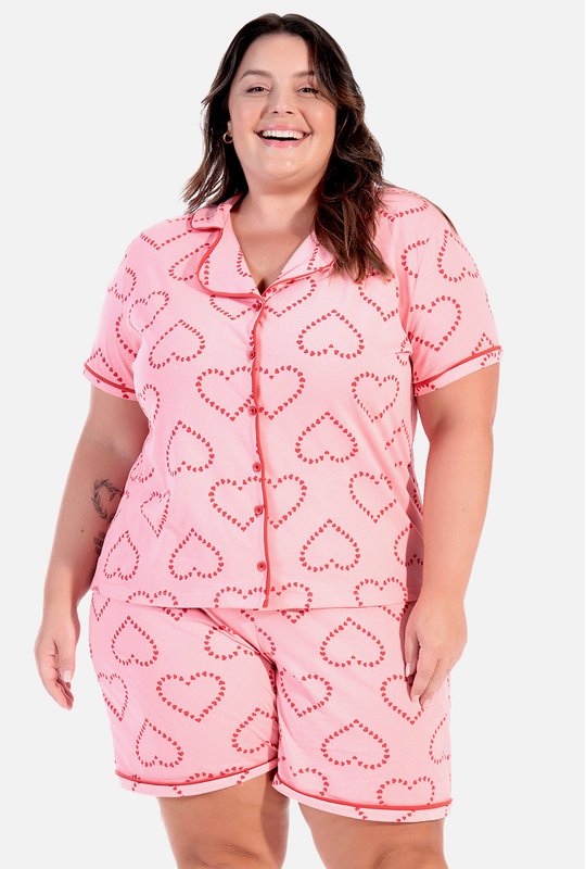 01 pijama feminino americano plus size rosa coracao bela notte